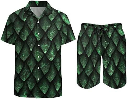 WeedKeycat Green Dragon Scale muške odjeće za plažu s 2 komada Havajski gumb Donji majica kratki rukavi i kratke hlače setovi prtljažnika