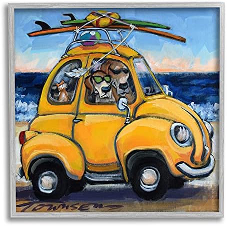 Stupell Industries Beach Beach Buggy Groovy Dog Mačka surfanje scena, Dizajn po Cr Townsend Grey Framed Wall Art, 17 x 17, žuta
