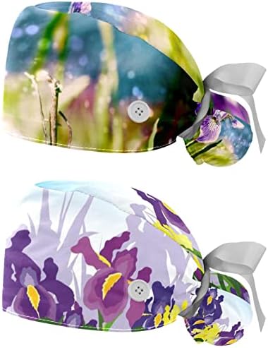 Ratgdn Medicinske kape za žene s gumbima dugačka kosa, 2 komada podesiva radna kapa, cvijet Iris