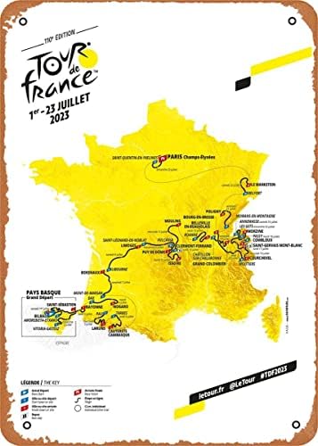 Tour de France Map 2023 Vintage Sportski plakat Metal Tin Sign 8x12in - Poklon za plakat, bar, kafić, Umjetnost zida u restoranu
