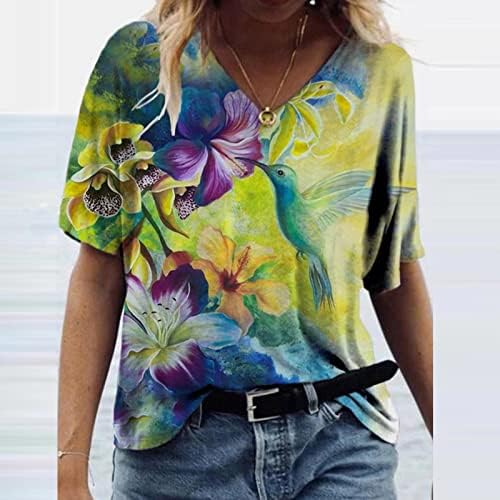 Ljetni vrhovi za žene vezanje majice cvjetne tiskane kratke rukave s V-izrezom casual labave majice
