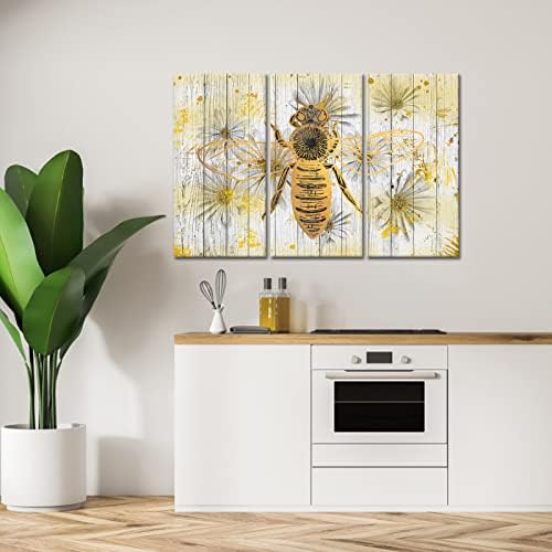 Fushvre 3 ploča meda pčela platno zidna umjetnost zlatna bumblebee insekt s rustikalnom tratinjskom cvjetni plakat otisci drva pozadinska