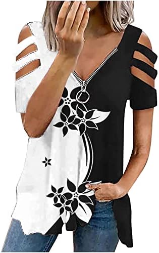 Ljetna majica za žene Zipper v Neck Hladni rame gornji gornji dio cvjetni tiskani bluza tunika za gamaše