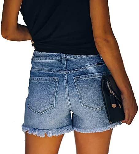 Ženske traper kratke hlače srednjeg rasta s elastičnim poderanim sirovim / smotanim rubom, oprane traper kratke hlače s džepovima na