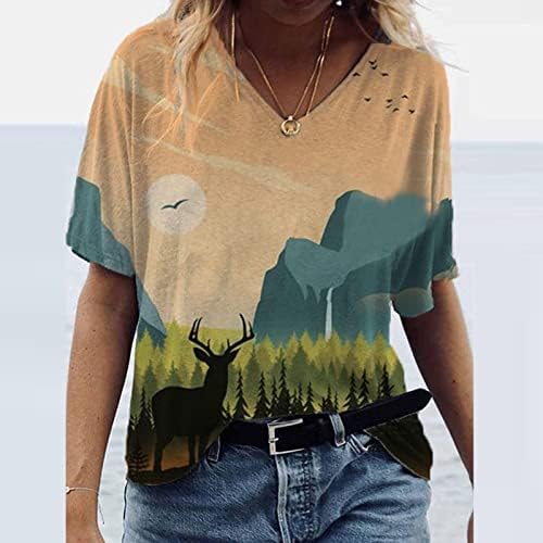 Ljetne bluze za Žene, Ležerne majice s izrezom i printom srednjeg rukava U obliku slova u, široke modne majice i vrhovi za slobodno